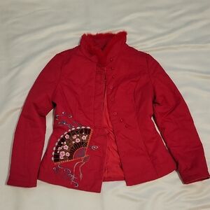 Chic Red Embroidered Women's Blazer